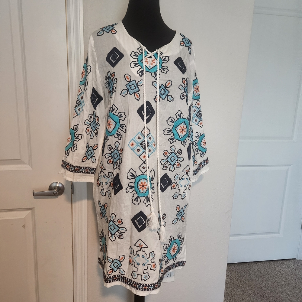 Frances Valentine White and Blue Patterned Tunic Dress